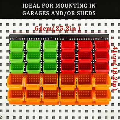30-Bin Wall Mounted Storage Bins Kit, Tool Organizer Rack, Garage Hardware Organizer, Parts Storage Bins, DIY Combination(Red & Green & Orange Type)