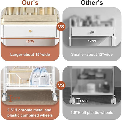 Makeup Organizer Cart with Removable Cosmetic Display Case, Large Makeup Cart with Drawer and 4 SS Tool Cups, 2-in-1 Vanity Organizer for Skincare Perfume Nail Polish Brush, White & Natural