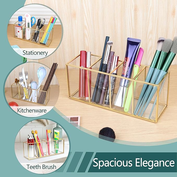 ELEGANTLIFE Clear Glass Makeup Brush Organizer,Luxurious Tempered Glass Cosmetics Brushes Storage Holder for Refined Bathroom Decor (Gold, 4 Sections)