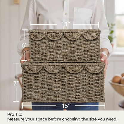 StorageWorks Wicker Storage Basket with Scalloped Edge Lid, Wicker Basket with Built-in Handles, Handwoven Seagrass Box for Décor, 13" L x 9 ½" W x 6" H