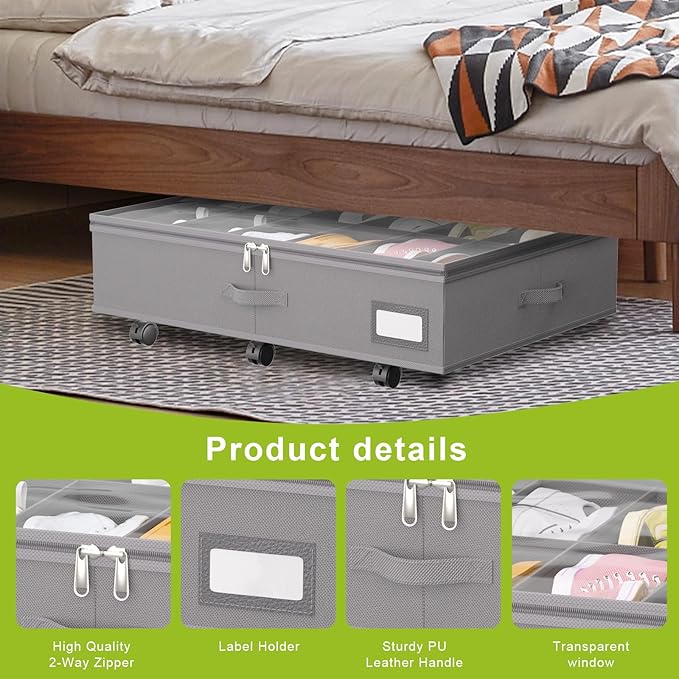 homyfort Under Bed Shoe Storage with Wheels, Fits 24 Pairs, Rolling Shoe Organizer with Bottom Support & Clear Lids, Sturdy Under Bed Storage Box for Shoes, Set of 2, Grey