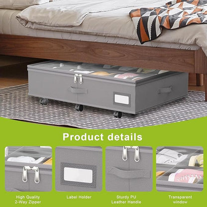 homyfort Under Bed Shoe Storage with Wheels, Fits 24 Pairs, Rolling Shoe Organizer with Bottom Support & Clear Lids, Sturdy Under Bed Storage Box for Shoes, Set of 2, Grey