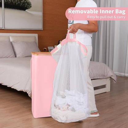 efluky 26 Gal Laundry Basket with Lid and Net Bag, Tall Laundry Hamper with Bamboo Handles, Aesthetic Dirty Clothes Bin for Laundry Room, Bathroom, Bedroom and Dorm, Pastel‌