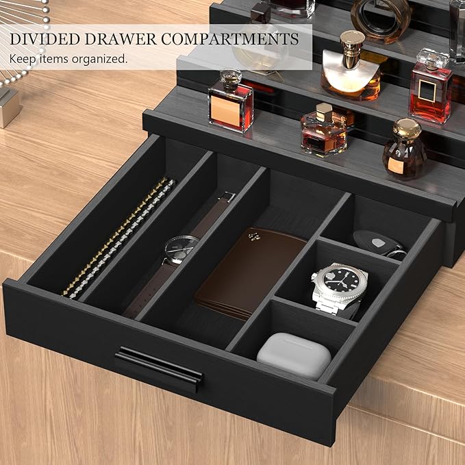 Wooden Cologne Organizer for Men 4 Tier of Perfume Display Holder of Drawer & 2 Hidden Compartments Larger Storage Space Mens Perfume Organizer Shelf Stand,Gift for Man (4T-Black)