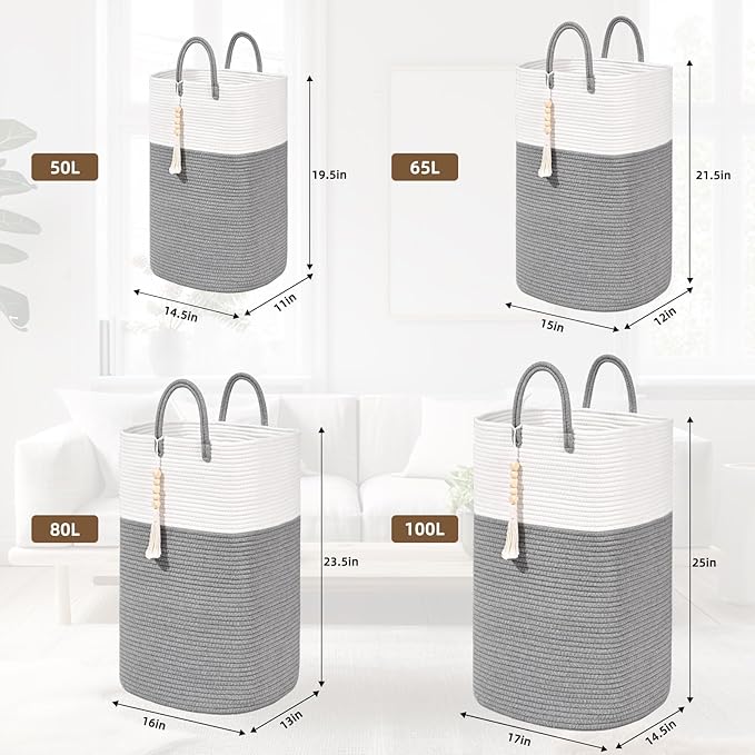 Woven Laundry Basket for Clothes, 100L Large Rectangle Laundry Hampers with Beads Tassel, Nursery Storage Basket for Toys, Tall Dirty Clothes Hamper for Bedroom Aesthetic, Laundry Room Organization