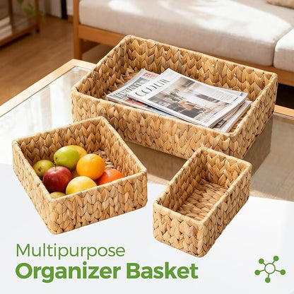 Wicker Storage Baskets Set of 3, Handwoven Water Hyacinth Baskets for Organizing, Large and Small Wicker Baskets Set, Decorative Natural Woven Baskets 3Pack for Pantry Shelves