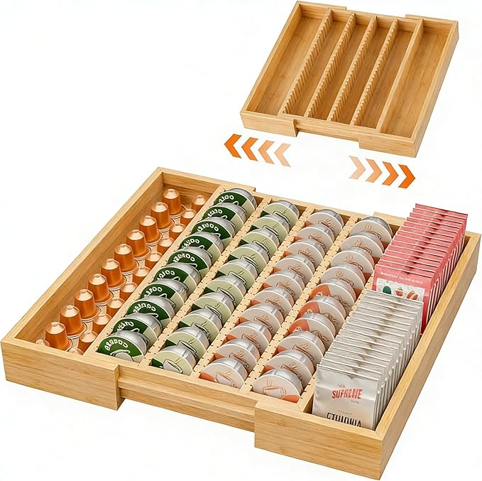 Simple Trending Bamboo Coffee Pod Holder Drawer, Expandable K Cup Pod Storage Compatible with Nespresso Vertuo Capsules, K Cup Drawer Organizer for Coffee Station, Home Office, Kitchen, Natural