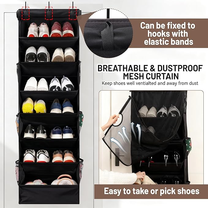 7 Tier Over The Door Shoe Organizer, Hanging Shoe Rack for Closet with Dustproof Mesh Curtain & 6 Side Pockets, Behind The Door Narrow Shoe Holder Hanger for Sneakers, Boots (Black)