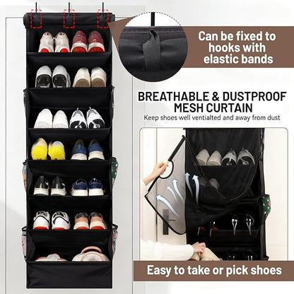 7 Tier Over The Door Shoe Organizer, Hanging Shoe Rack for Closet with Dustproof Mesh Curtain & 6 Side Pockets, Behind The Door Narrow Shoe Holder Hanger for Sneakers, Boots (Black)