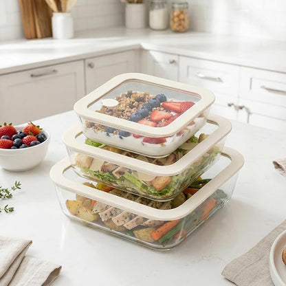 Urban Green Glass Food Container Set with Glass Lid, 3 Pack, Meal Prep Containers with Silicone Framed Airtight Lid, Leakproof, 100% Plastic Free,
