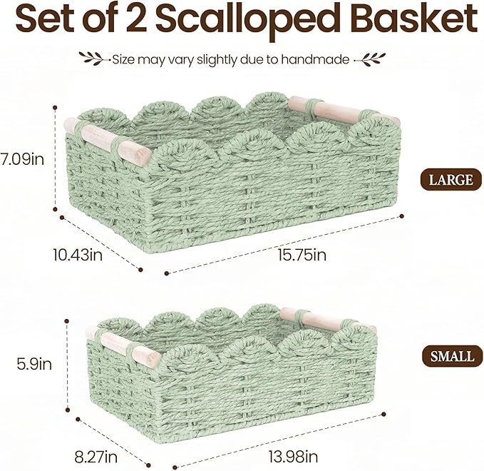 iEGrow Paper Rope Small Storage Baskets for Organizing, Set of 2 Scalloped Edge Wicker Basket with Wooden Handles Toilet Paper Basket for Over Toilet Storage Shelf, Home Decor, Living Room (Green)