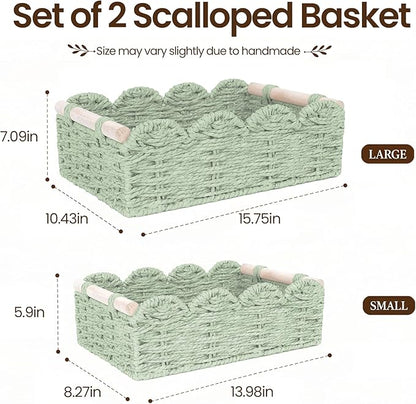 iEGrow Paper Rope Small Storage Baskets for Organizing, Set of 2 Scalloped Edge Wicker Basket with Wooden Handles Toilet Paper Basket for Over Toilet Storage Shelf, Home Decor, Living Room (Green)