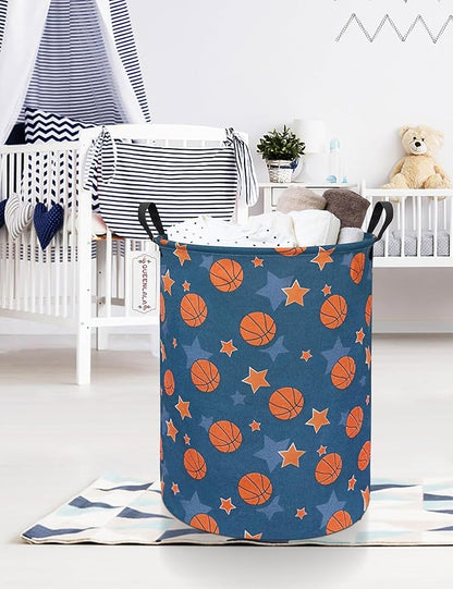 QUEENLALA Large Storage Basket,Laundry Hamper/Bathroom/Home Decor/Collapsible Round Storage Bin,Boys and Girls Hamper/Boxes/Clothing(Round-Basketball)
