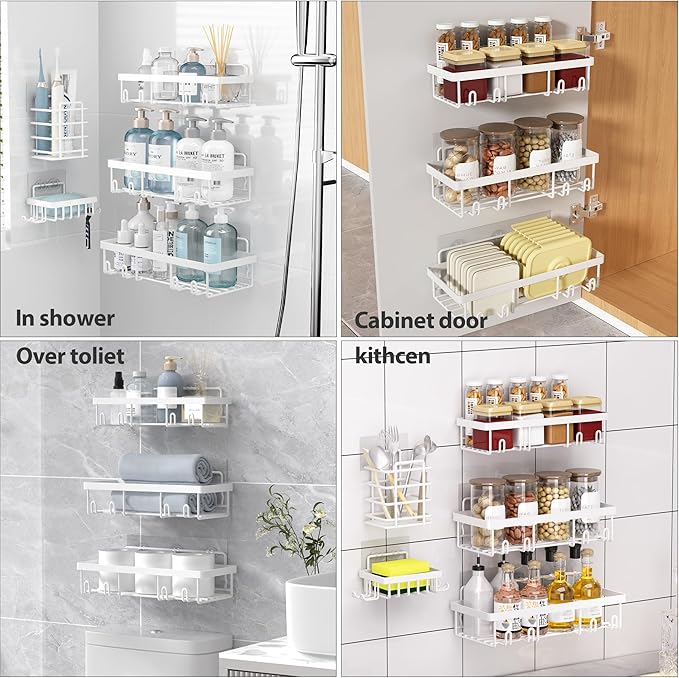 Liuoud 10 Pack Shower Caddy Organizer Rack Shelf for Inside Shower, Self Adhesive Wall Storage Basket Rustproof Stainless Steel Shampoo Holder Bathroom Accessory Decor Set, White