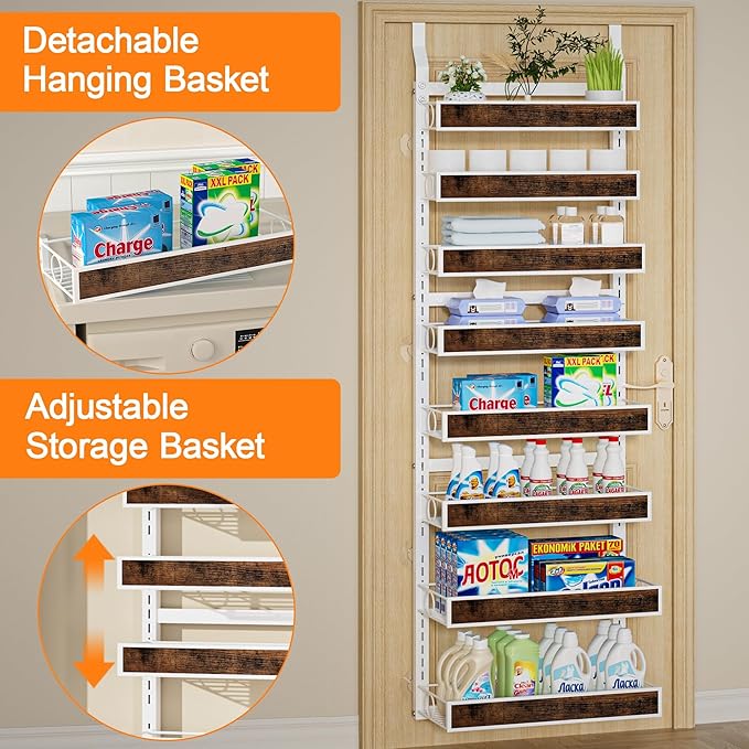 8 Tier Over The Door Pantry Orangizer 2 IN 1 Wall Mounted or Hanging Spice Rack with Adjustable Wood Basket,Heavy Duty Seasoning Storage Shelf for Kitchen Pantry and Bathroom