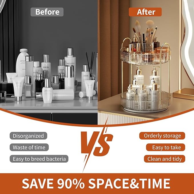 YCIA&DONE Rotating Makeup Organizer for Vanity, Large Capacity Make Up Storage Skin care Shelf Perfume Holders Cosmetic Dresser Organizer Countertop Spinning 360 (White Clear, 1Tier)