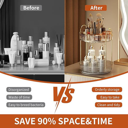 YCIA&DONE Rotating Makeup Organizer for Vanity, Large Capacity Make Up Storage Skin care Shelf Perfume Holders Cosmetic Dresser Organizer Countertop Spinning 360 (White Clear, 2Tiers)