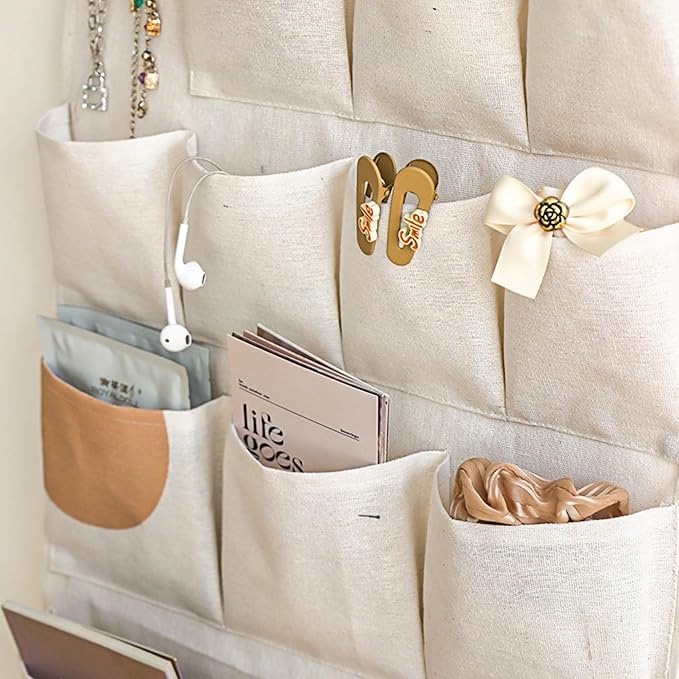 Wall Hanging Organizer with Pockets, Over Door Storage Organizer with Wooden Rod, Multi Pocket Fabric Wall Organizer for Bedroom Bathroom Closet Door, Space Saving Hanging Storage Bag (5)