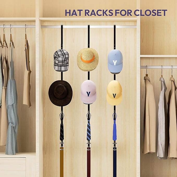 SWTYMIKI Over Door Hat Rack - 3 Packs Metal Hanging Hat Organizer with 12 Hooks Design, Baseball Cap Hanger Organizer Storage Holds up to 60 Caps for Door, Bedroom, Closet