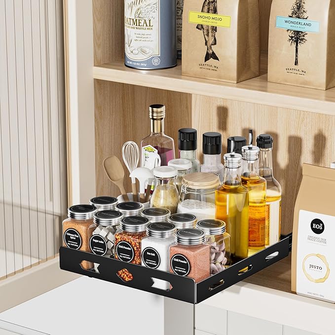 BOIVSHI Pull Out Spice Rack Organizer for Cabinet, Heavy Duty Spice Organizer, Vertical Spice Rack Organizer for Kitchen, Cabinet, Pantry (10.5''Wx10.5''Dx2.8''H, Metal Black)
