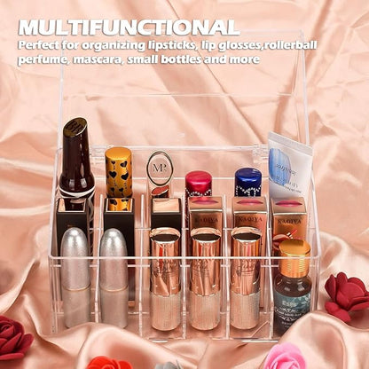 Lipstick Holder Display Case, 18 Slots Acrylic Organizer with Dust Cover, Lip Gloss Holder and Case for Vanity or Drawer, Cosmetic Display and Lipstick Storage Organizer