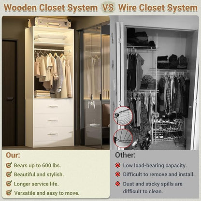 Besiost Freestanding 2FT Closet System with 3 Wood Drawers, 24" Closet Organizer System with Hanging Rod & Shelves, Walk-in Closet Systems for Small Closets, White (24"L x 15" W x 80" H)
