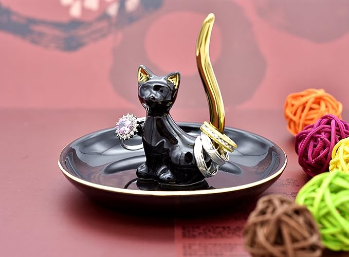 Happy Cat Posture Ring Holder Jewelry Storage Dish Trinket Tray Decorative Black/Golden Tail.