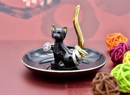 Happy Cat Posture Ring Holder Jewelry Storage Dish Trinket Tray Decorative Black/Golden Tail.