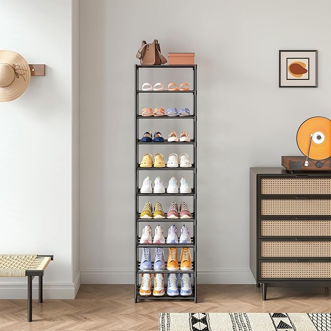 Autonomier 10 Tier Tall Shoe Rack, Narrow Lightweight Shoe Shelf, Compact Vertical Shoe Stand, Small Space Saving for Closet Floor, Dorm Storage Organizer, Front Door Entrance, Entryway