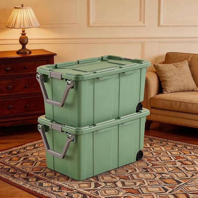 40-gallon plastic storage boxes with snap-on lids and handles, light green, 2-pack