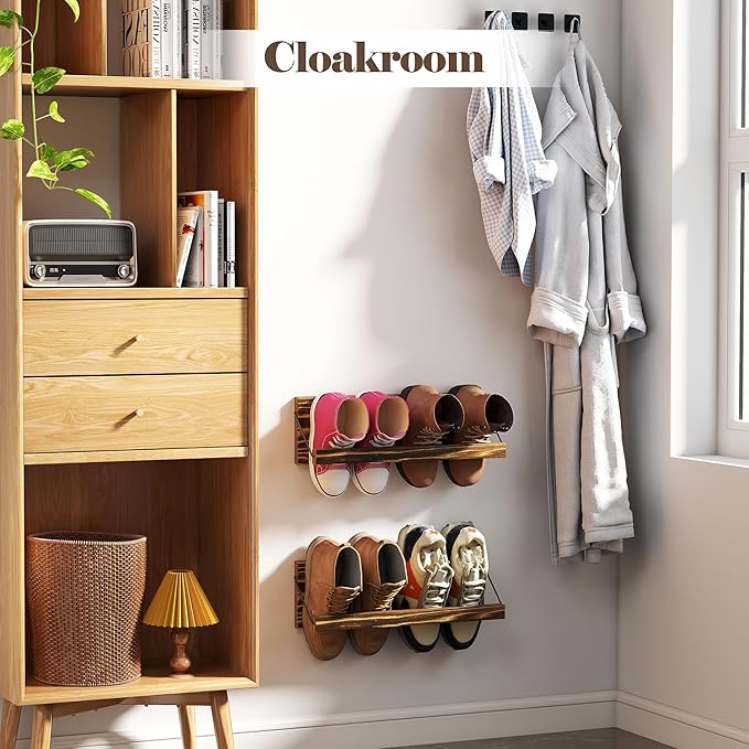 Nisorpa 20 Inches Wall Mounted Shoe Rack, Rustic Burnt Wood Wall Shoe Rack Mounted Slim, and Small Space Saving Shoe Storage Solution for Shoes in Narrow Spaces, Entryways, or Hallways, 2 Pack