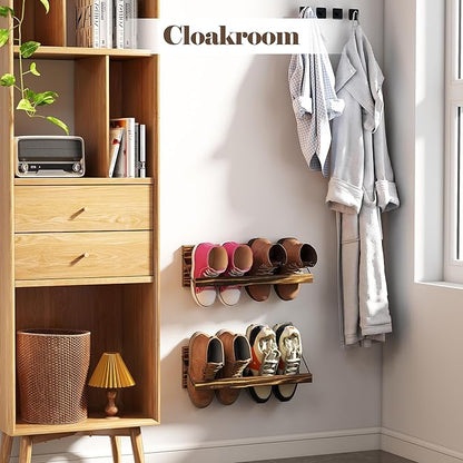 Nisorpa 20 Inches Wall Mounted Shoe Rack, Rustic Burnt Wood Wall Shoe Rack Mounted Slim, and Small Space Saving Shoe Storage Solution for Shoes in Narrow Spaces, Entryways, or Hallways, 2 Pack