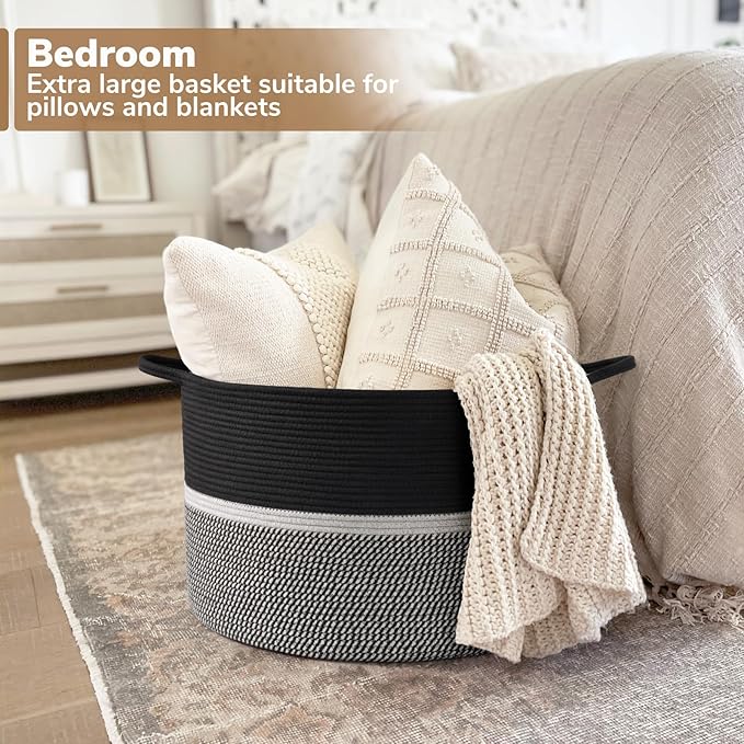 CHICVITA Extra Large Laundry Basket, Woven Rope Blanket Basket for Towels, Clothes, Toy Storage, Pillow Basket for Living Room, Family Room, 22 x 22 x 14 inches, Black