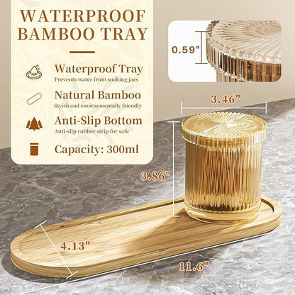 BSSN Glass Cotton Swab Holder Set of 3 with Bamboo Tray, Qtip Holder Dispenser for Bathroom Vanity, Amber Apothecary Jars with Lids for Cotton Balls, Swabs and Makeup Pads