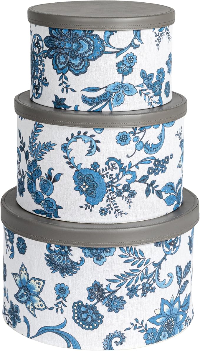 Household Essentials Floral Nestable Hat Boxes with Faux Leather Lids, Cream and Blue, Set of 3