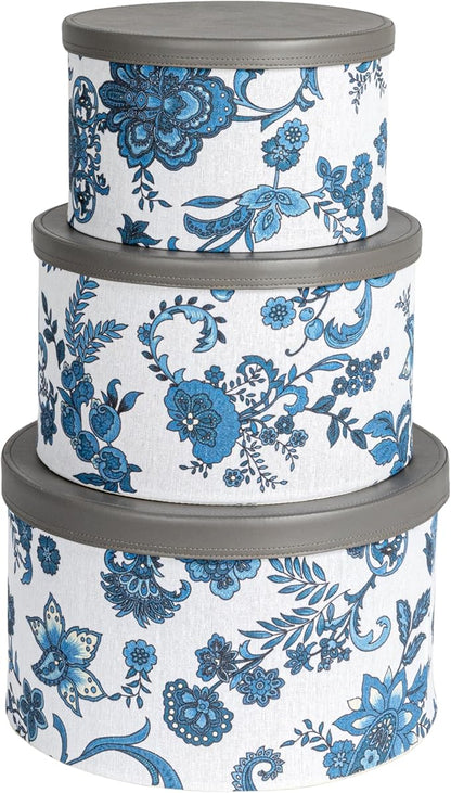 Household Essentials Floral Nestable Hat Boxes with Faux Leather Lids, Cream and Blue, Set of 3