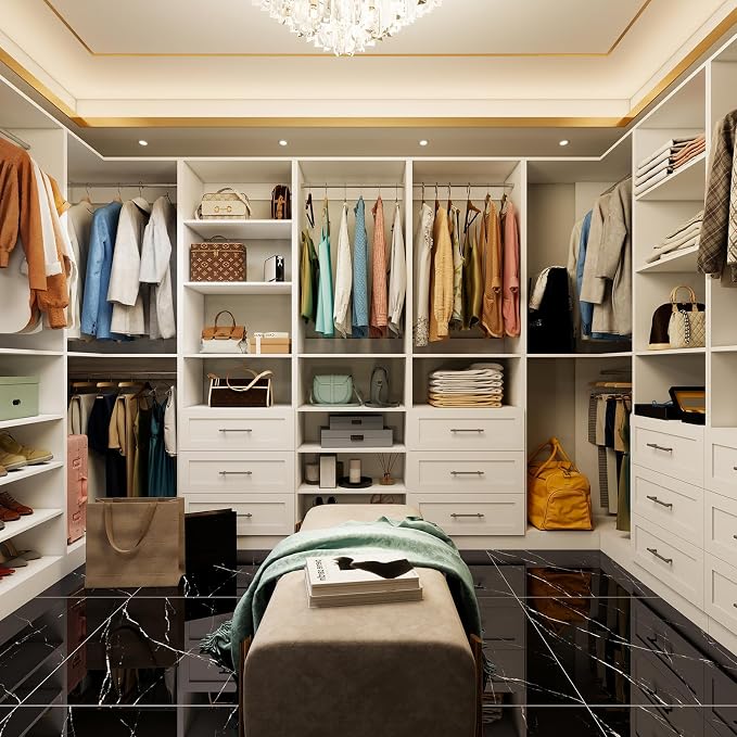 Vomavex Closet System with 4 sets, 101.9" Closet Organizer Systems with 6 Drawers & 8 Hanging Rods & Adjustable Shelves, Walk in Closet Standing Closet System, Corner Closet System Set, White