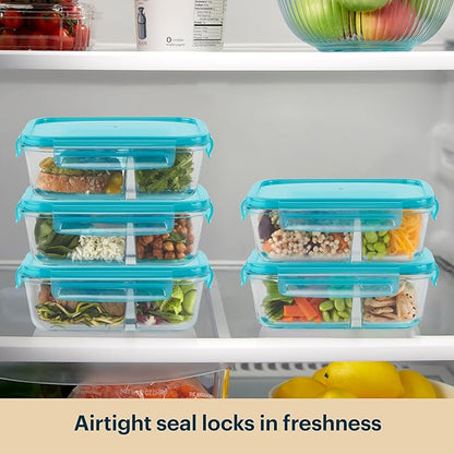 Pyrex Glass MealBox (5-Pack, 4 Cup) Divided Compartments with Locking Lids, For Meal Prepping and Portioning, BPA Free Microwave Dishwasher Safe