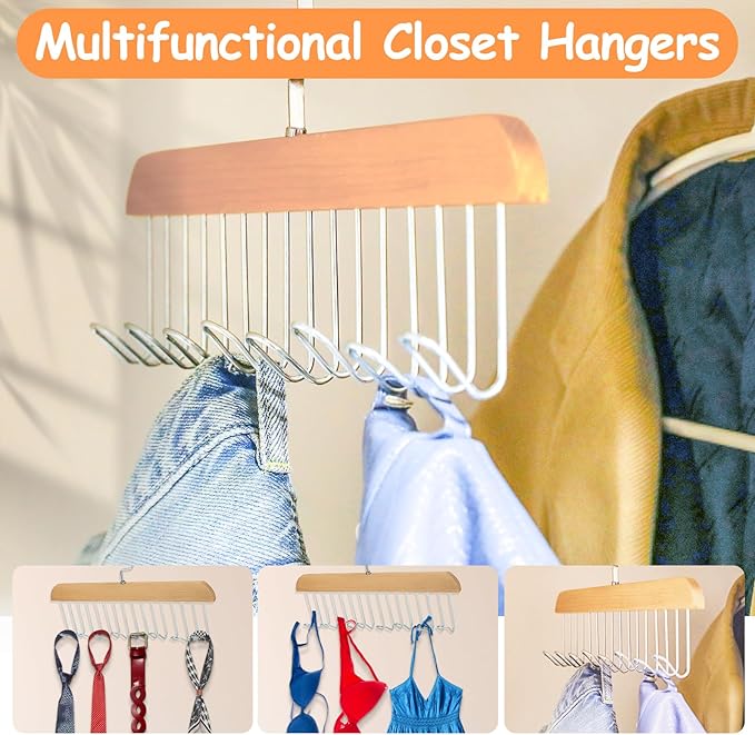 4Pcs Anti Slip Multi Hook Coat Racks,Bra Hangers for Closet Organizer with 8 Hooks 360 °Swivel Belt Hanger for Closet for Belt, Tie, Tank Top, Bra, Scarf (Beige)