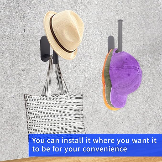 Hat Racks for Baseball Caps, 4 Pack Stainless Steel Adhesive Hat Hanger Hooks Holder for Wall, Multi-Function Hat Storage Organizer Hanger, Hat Hooks Wall Mount for Closet Bedroom Storage, Black