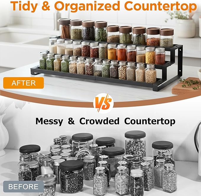 3-Tier Spice Rack Organizer for Kitchen Cabinet or Pantry, 16"-29" Expandable Spice Organization Shelf, Seasoning Organizer, Metal Display Shelf, Slip-Resistant Design for Jars and Bottles, Black