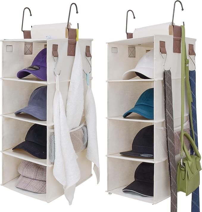 StorageWorks Hat Rack 8-Shelf Hanging Hat Organizer, Two Separate 4-Shelf Hat Storage, Baseball Cap Organizer for Closet, Canvas, Beige, 12 ¼"D x 9 ½"W x 54 ½"H