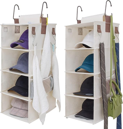 StorageWorks Hat Rack 8-Shelf Hanging Hat Organizer, Two Separate 4-Shelf Hat Storage, Baseball Cap Organizer for Closet, Canvas, Beige, 12 ¼"D x 9 ½"W x 54 ½"H