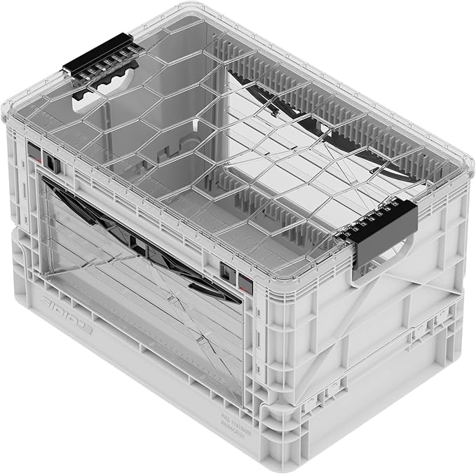 SIDIO Full-Size Collapsible Crate - Heavy Duty Stackable Storage Bin with Lid & 2 Short-Ways Dividers, Durable Plastic Organizer for Home, Office, Garage & Outdoor Use (White)