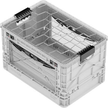 SIDIO Full-Size Collapsible Crate - Heavy Duty Stackable Storage Bin with Lid & 2 Short-Ways Dividers, Durable Plastic Organizer for Home, Office, Garage & Outdoor Use (White)