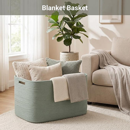 75L Green Cotton Rope Storage Basket, Large Rectangle Laundry Hamper with Handles, 22”x17”x12” Woven Blanket and Toy Basket for Living Room, Bedroom and Nursery