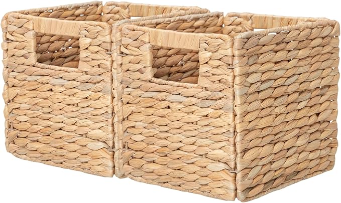 YAHUAN Foldable Water Hyacinth Storage Cubes 9X9 Hand Woven Wicker Storage Bins Square Basket Storage Baskets for Shelves (Water hyacinth 2-pack)