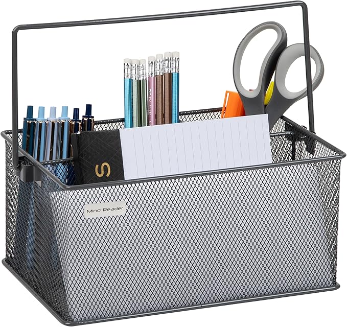 Mind Reader Multi-purpose Storage Caddy with Handle, Desktop Organizer, Cutlery Holder, 4 Compartments, Metal Mesh, Gray