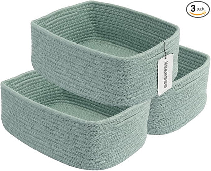XUANGUO Small Woven Storage Baskets 12“X8”X5“ Decorative Rope Bins for Organizing Shelves, Closets, and Toys, Empty Gift Baskets, Cute Organizer Basket for Home and Office (green, regular)