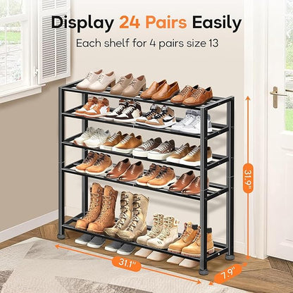 KEETDY 5-Tier Heavy Duty Shoe Rack for Garage Entryway, Stackable Shoe Organizer for 25 Pairs Men Boots, Shoe Rack for Closet Metal Shoe Storage Shelf, Floor, Hallway (Black)